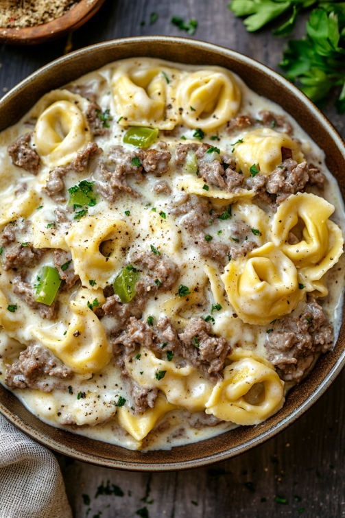 Philly Cheesesteak Tortellini Pasta That Oven Feelin