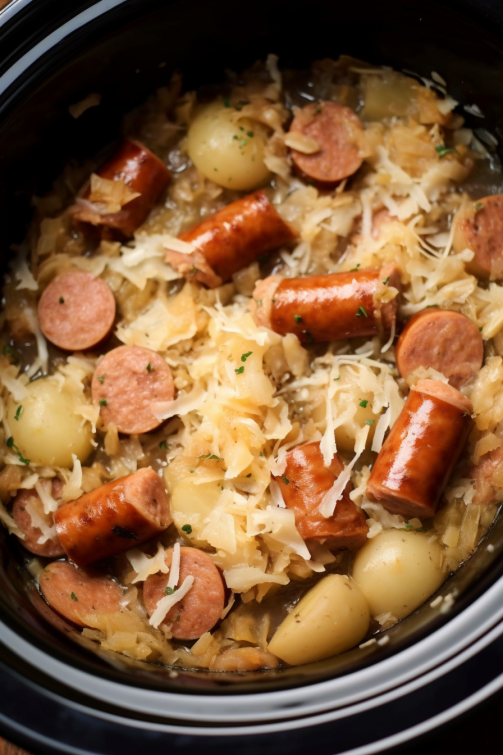 Crockpot Polish Sausage, Sauerkraut And Potatoes - That Oven Feelin