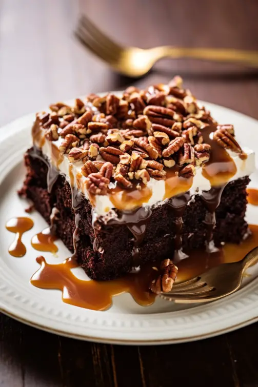 TURTLE CHOCOLATE POKE CAKE - That Oven Feelin