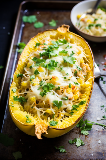 Green Chile Chicken Enchilada Stuffed Spaghetti Squash - That Oven Feelin