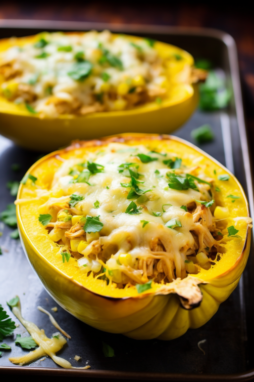 Green Chile Chicken Enchilada Stuffed Spaghetti Squash - That Oven Feelin