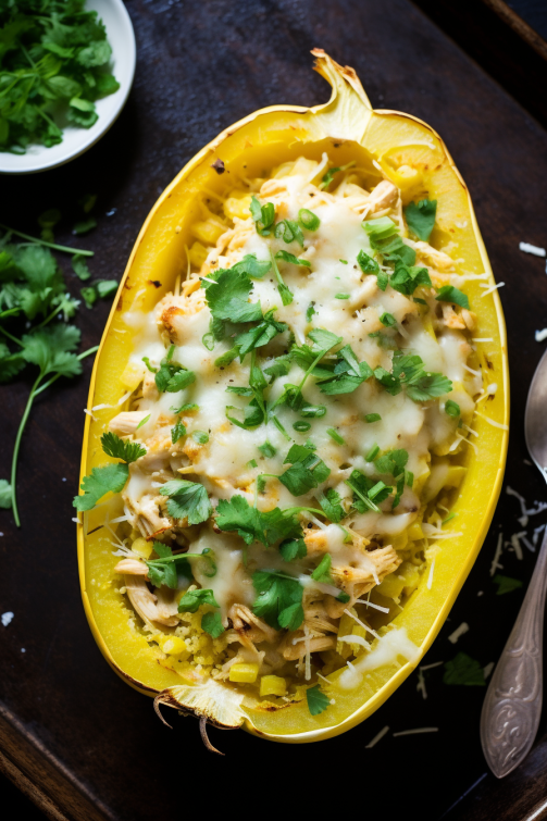 Green Chile Chicken Enchilada Stuffed Spaghetti Squash - That Oven Feelin