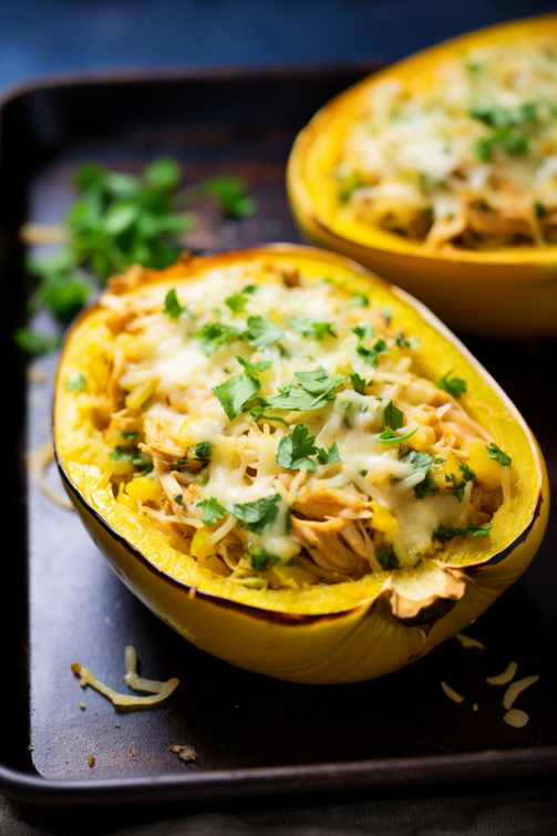 Green Chile Chicken Enchilada Stuffed Spaghetti Squash - That Oven Feelin