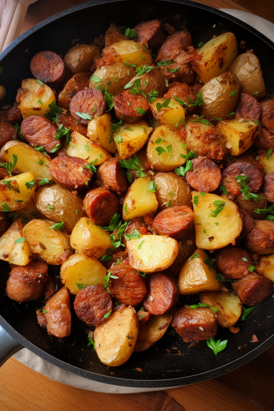 Sausage coils with pan-fried potatoes - Recipes 