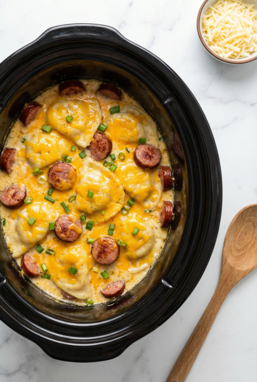 Crockpot Pierogi Casserole with Kielbasa