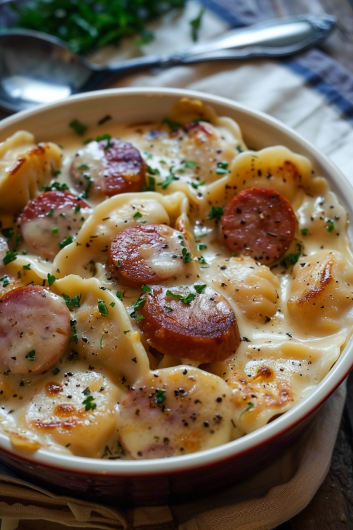 Crockpot Pierogi Casserole With Kielbasa - That Oven Feelin