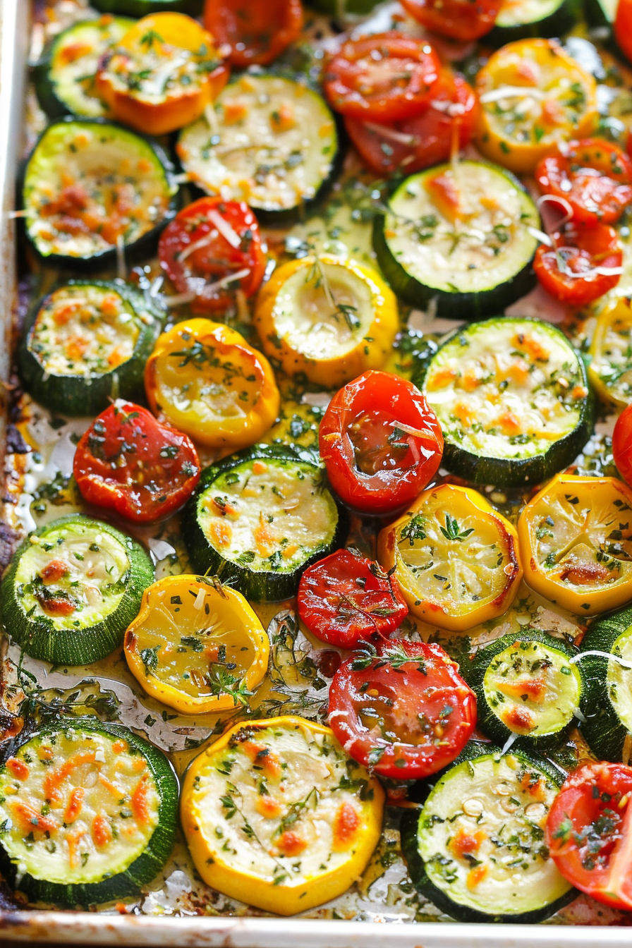 Roasted Garlic-Parmesan Zucchini, Squash and Tomatoes