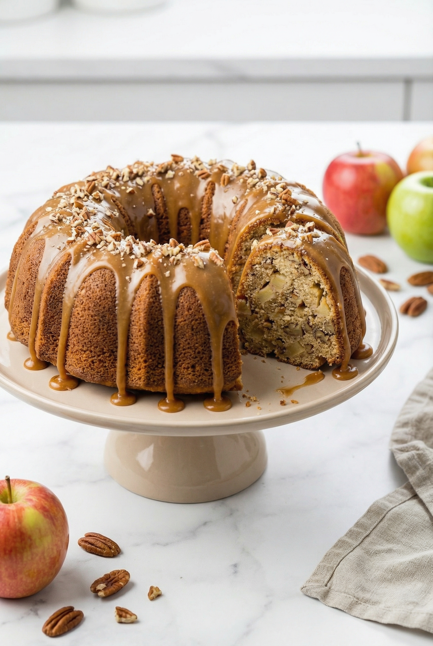 Apple Pecan Cake With Caramel Glaze