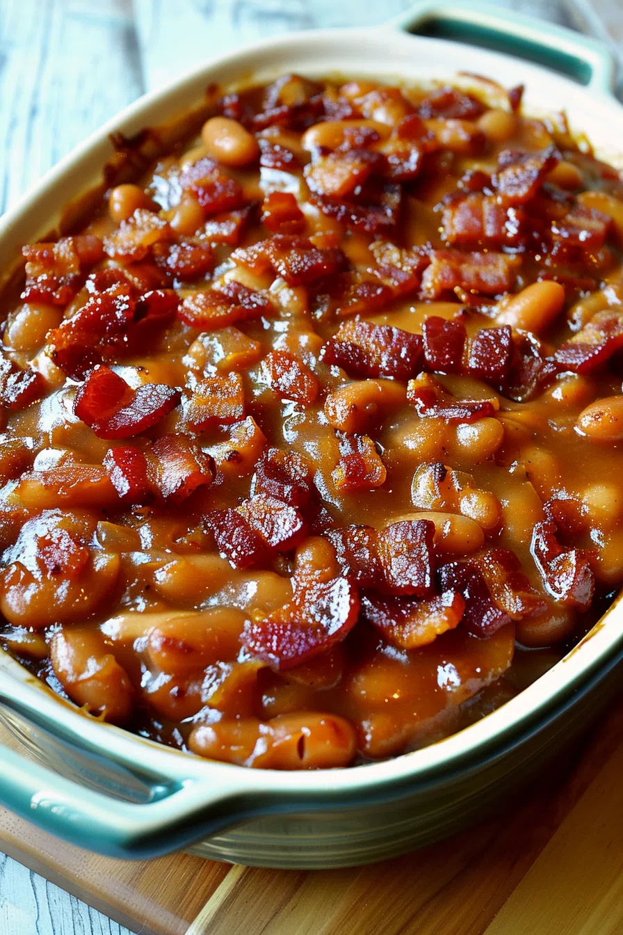 Baked beans with bacon in a cast iron skillet