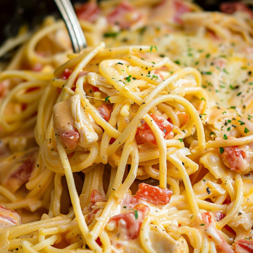 Creamy crockpot chicken spaghetti