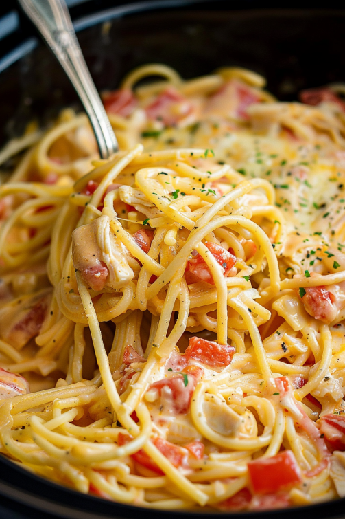 Creamy crockpot chicken spaghetti