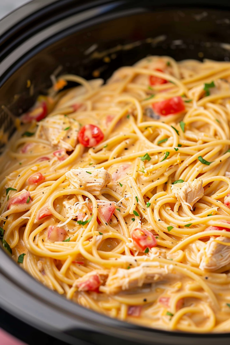 Creamy crockpot chicken spaghetti