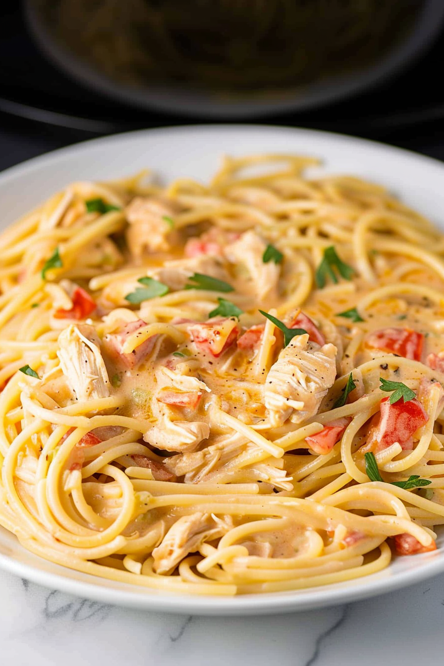 Creamy crockpot chicken spaghetti