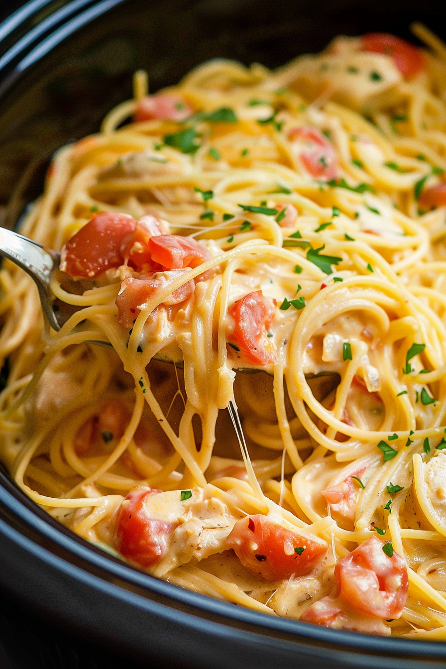 Creamy crockpot chicken spaghetti