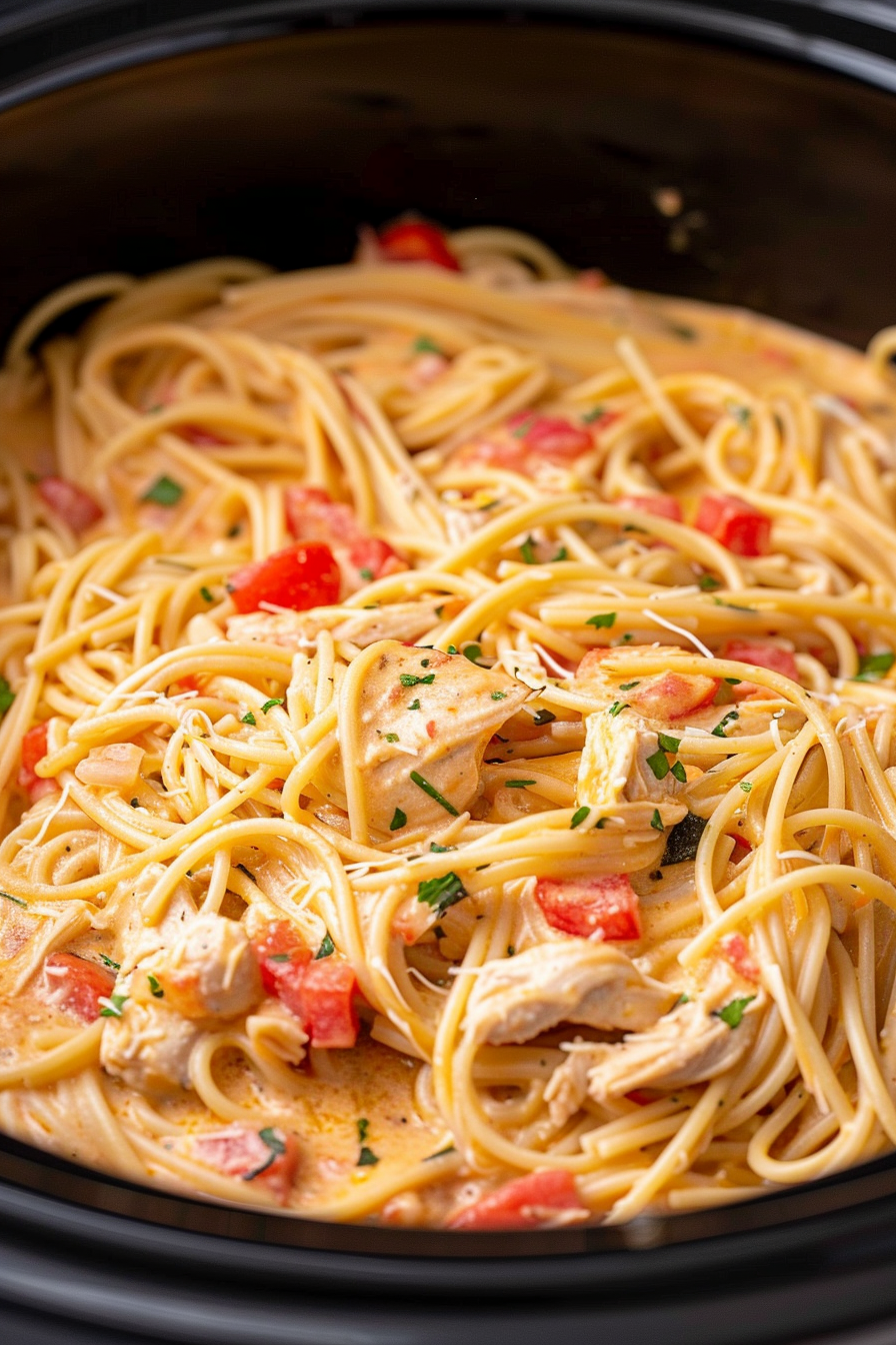 Creamy crockpot chicken spaghetti