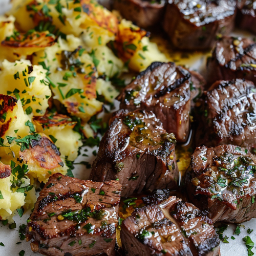 Garlic Butter Steak Bites and Cheesy Smashed Potatoes