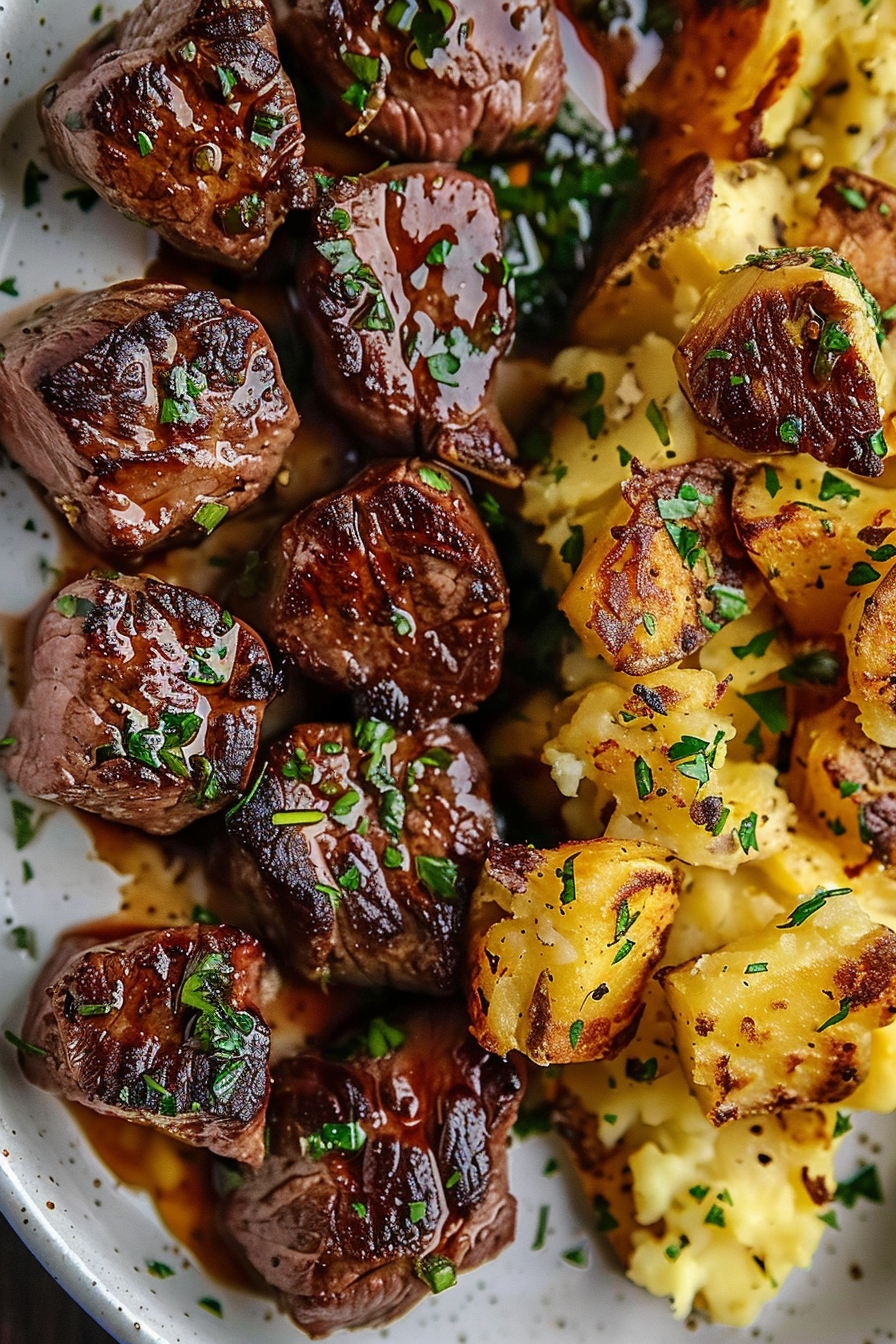 Garlic Butter Steak Bites and Cheesy Smashed Potatoes