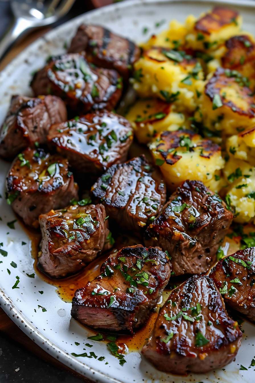 Garlic Butter Steak Bites and Cheesy Smashed Potatoes