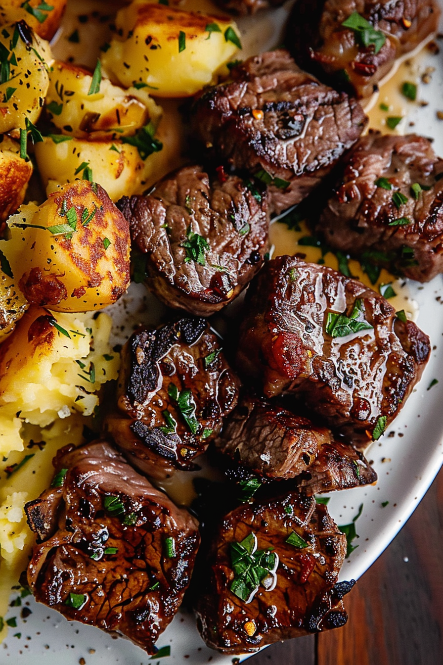 Garlic Butter Steak Bites and Cheesy Smashed Potatoes