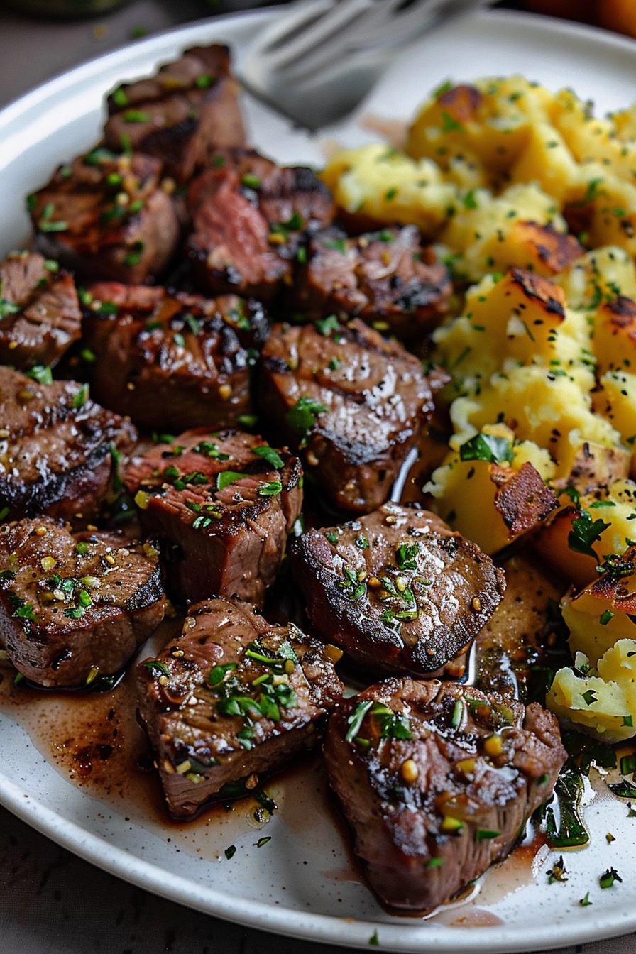 Garlic Butter Steak Bites and Cheesy Smashed Potatoes