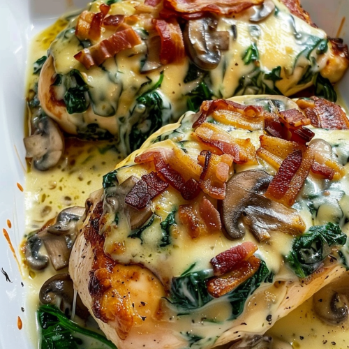 Smothered Chicken with Creamed Spinach Bacon And Mushrooms