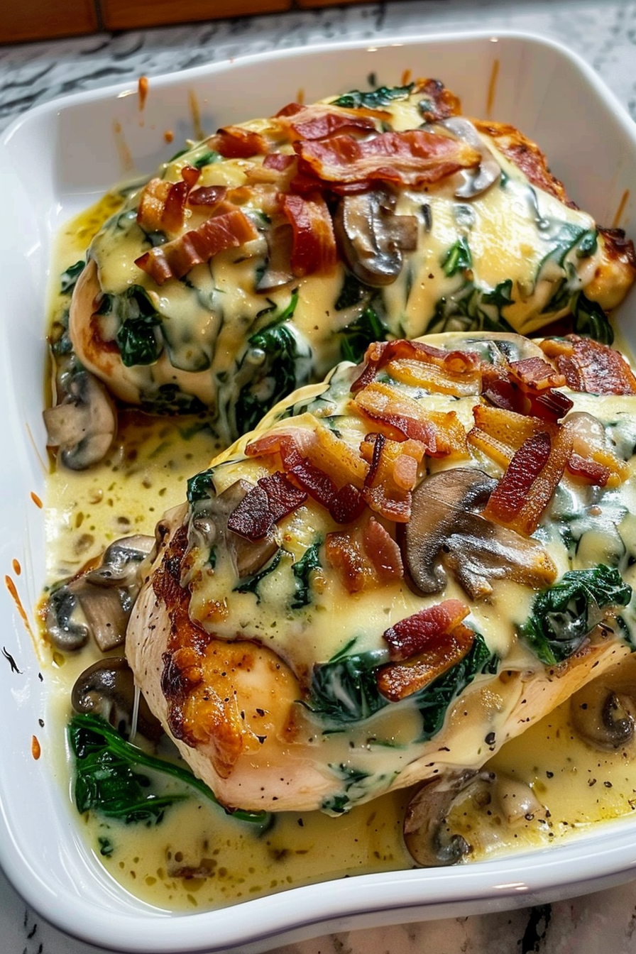 Smothered Chicken with Creamed Spinach Bacon And Mushrooms