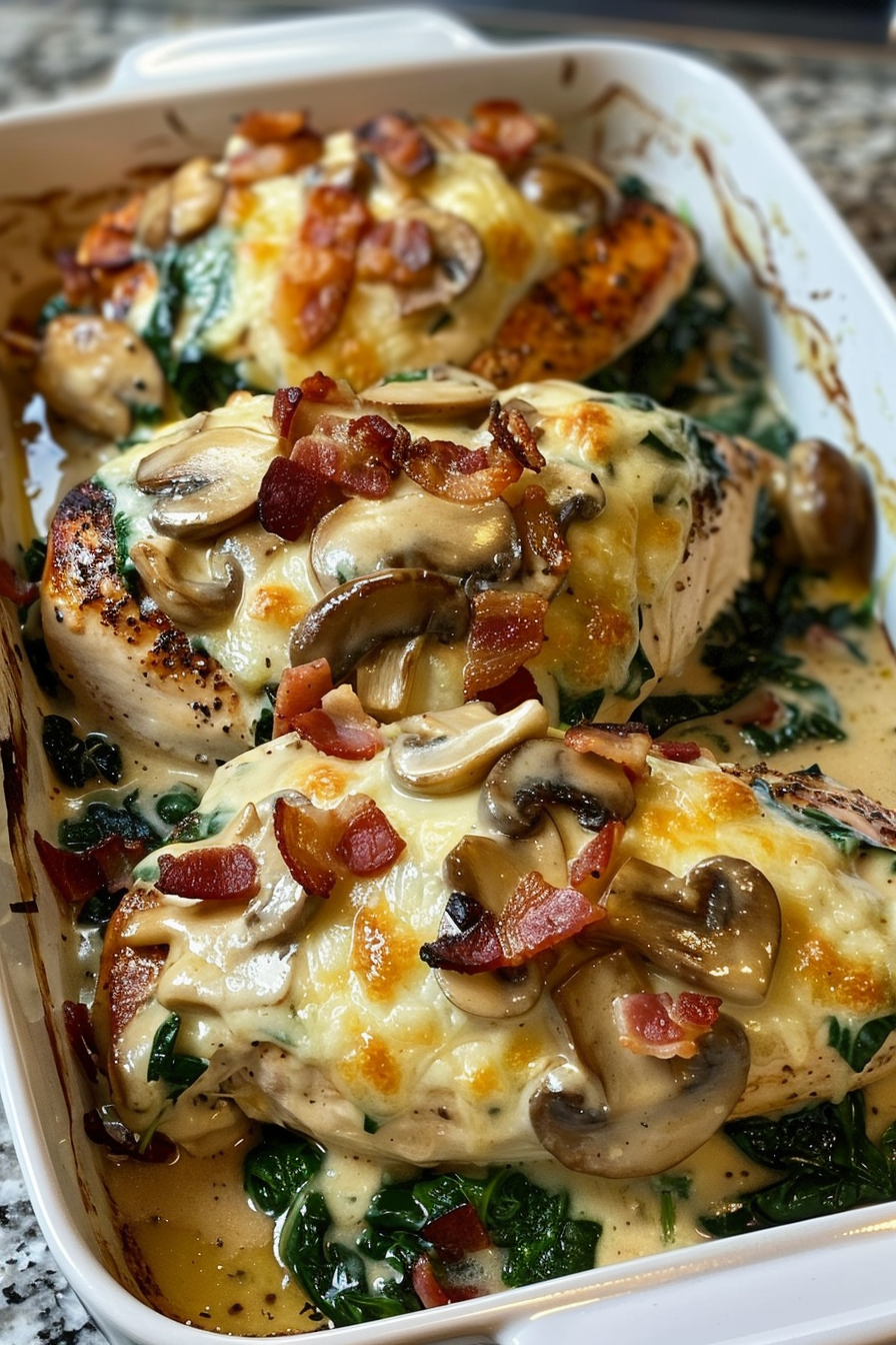 Smothered Chicken with Creamed Spinach Bacon And Mushrooms