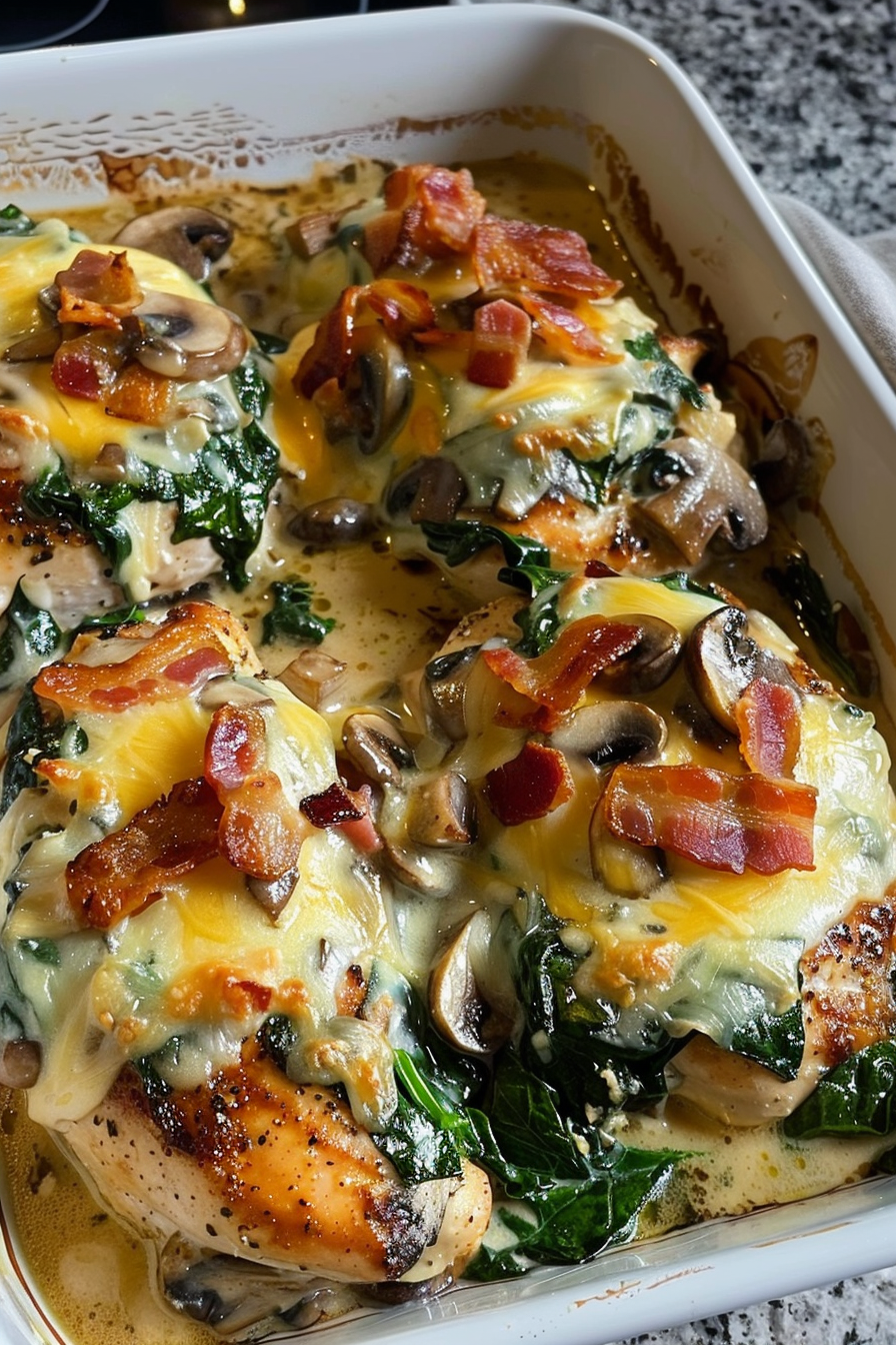 Smothered Chicken with Creamed Spinach Bacon And Mushrooms