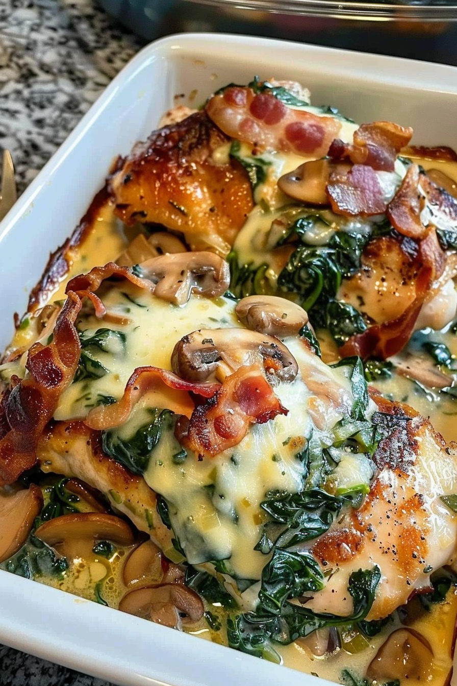 Smothered Chicken with Creamed Spinach Bacon And Mushrooms