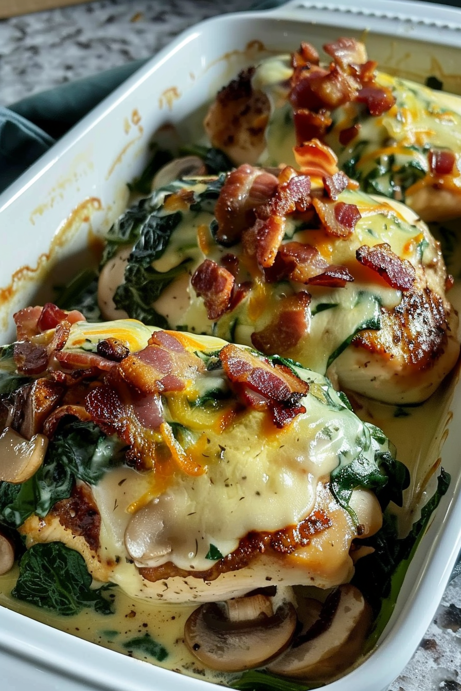 Smothered Chicken with Creamed Spinach Bacon And Mushrooms