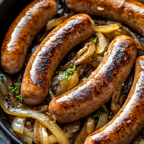 Oven Braised Beer Brats with Caramelized Onions