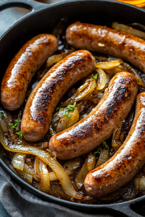 Oven Braised Beer Brats with Caramelized Onions