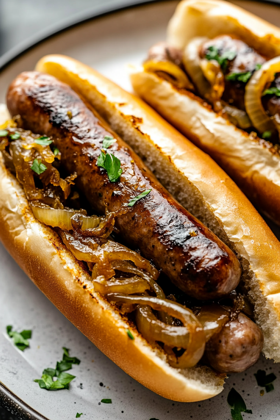 Oven Braised Beer Brats with Caramelized Onions