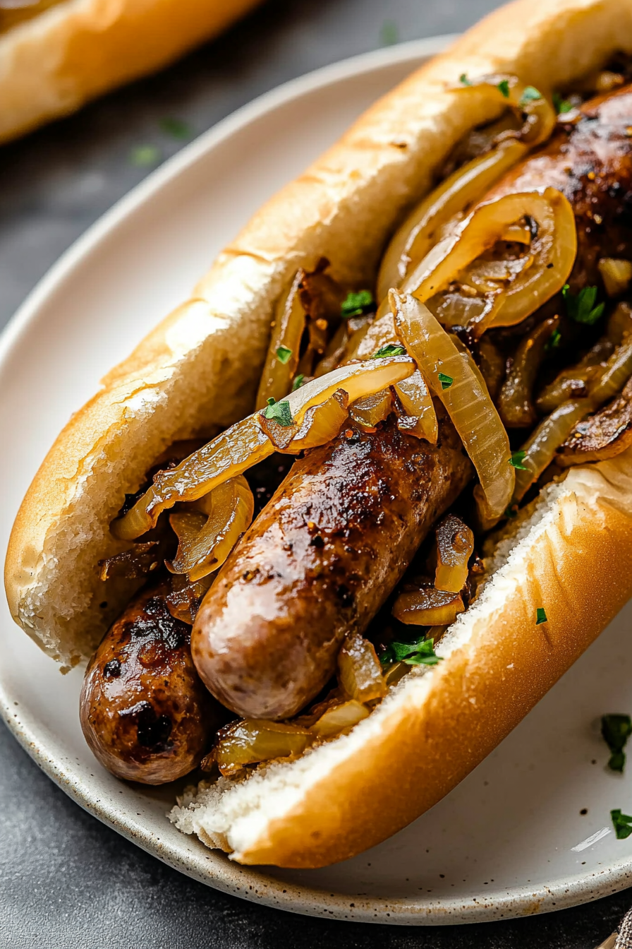 Oven Braised Beer Brats with Caramelized Onions