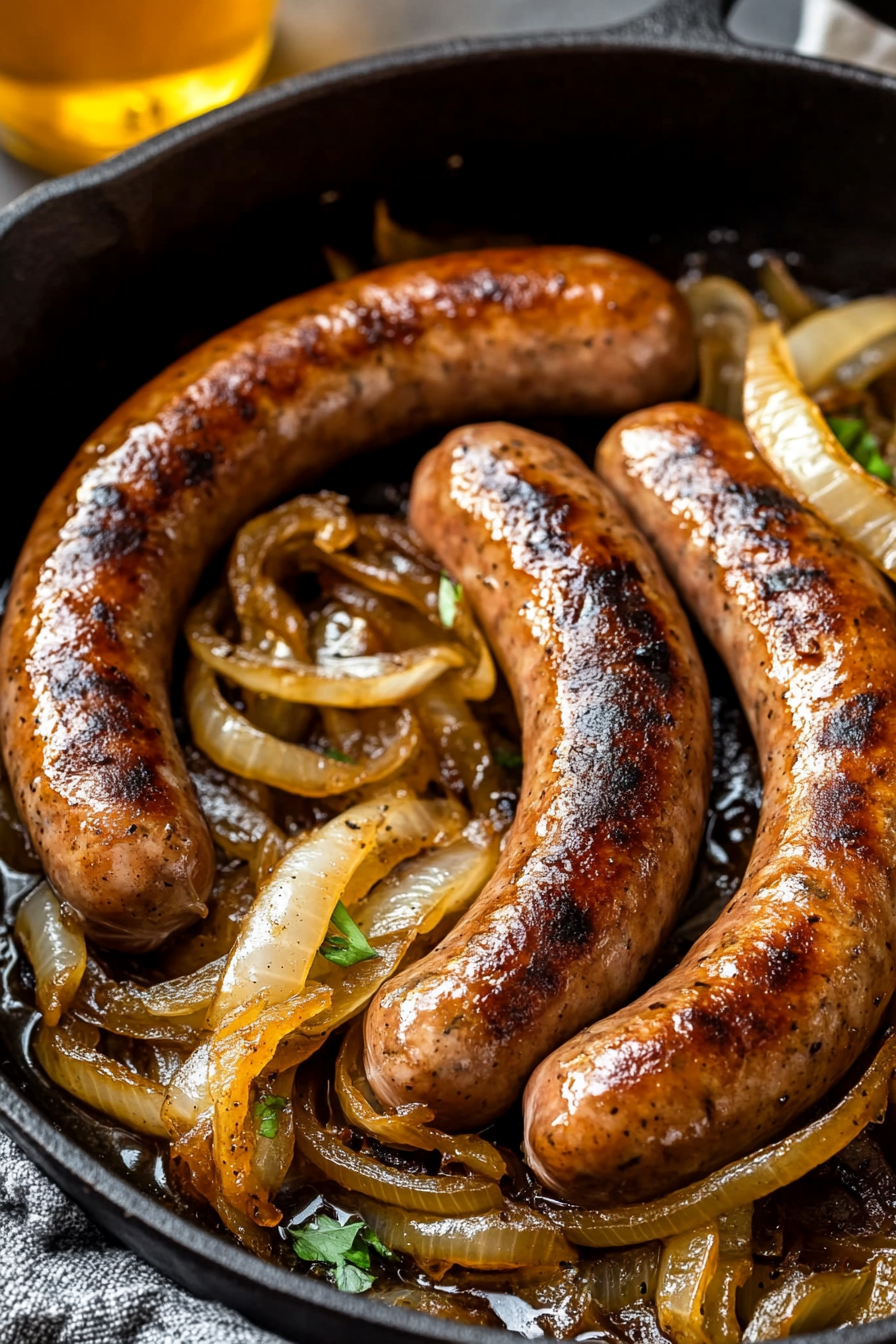 Oven Braised Beer Brats with Caramelized Onions