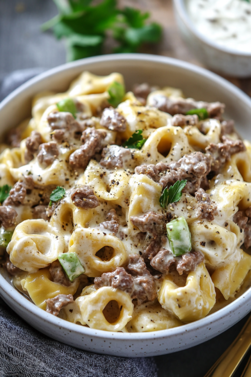 Philly Cheesesteak Tortellini Pasta - That Oven Feelin