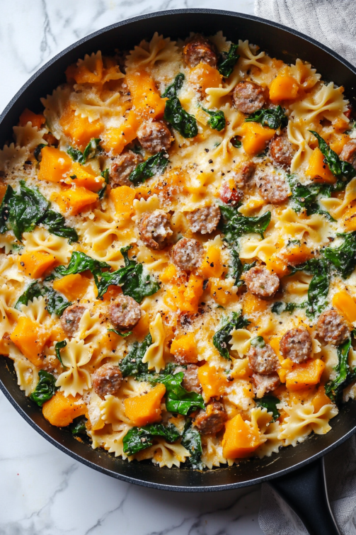 Creamy Roasted Butternut Squash Pasta with Sausage and Spinach