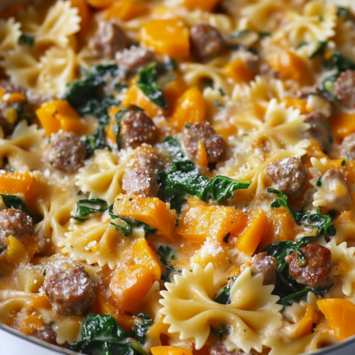 Creamy Roasted Butternut Squash Pasta with Sausage and Spinach