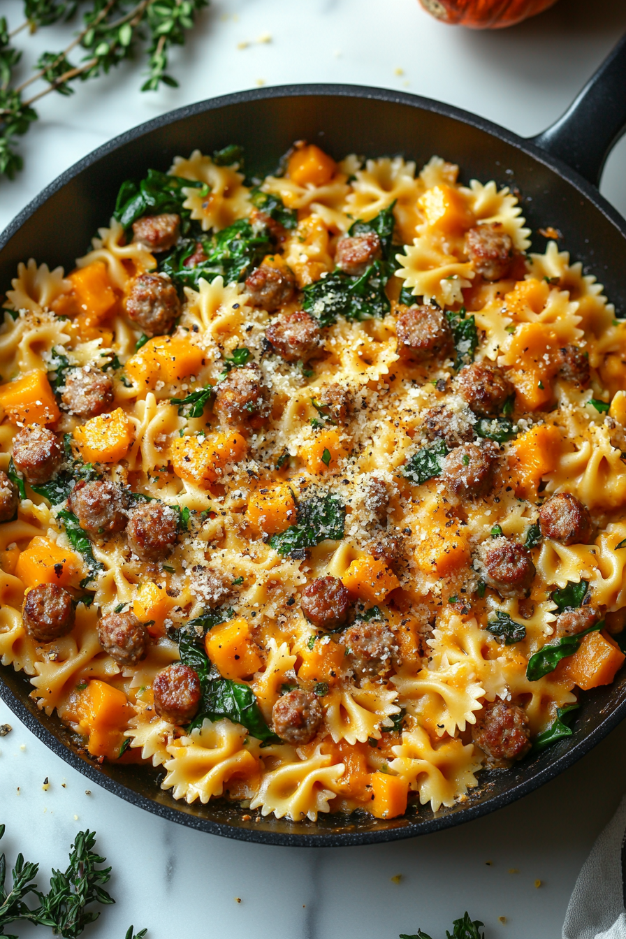 Creamy Roasted Butternut Squash Pasta with Sausage and Spinach