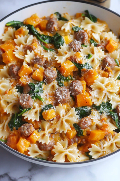 Creamy Roasted Butternut Squash Pasta with Sausage and Spinach - That
