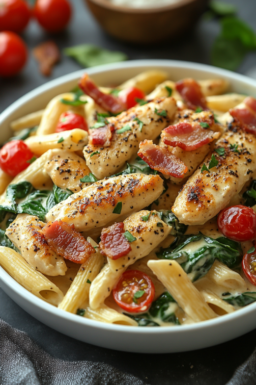 Chicken Bacon Spinach Penne - That Oven Feelin
