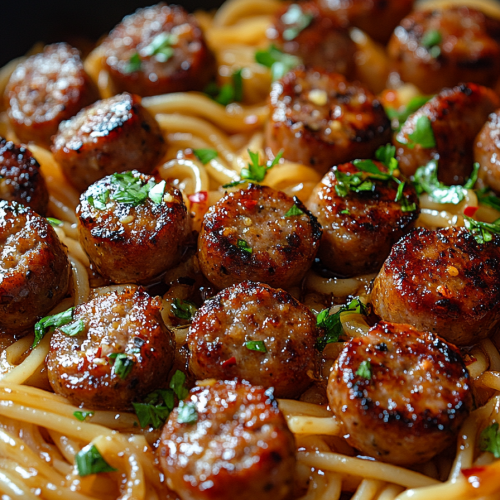 Sticky Honey Garlic Sausage Pasta Skillet