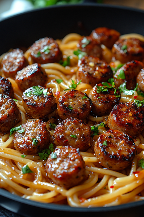 Sticky Honey Garlic Sausage Pasta Skillet