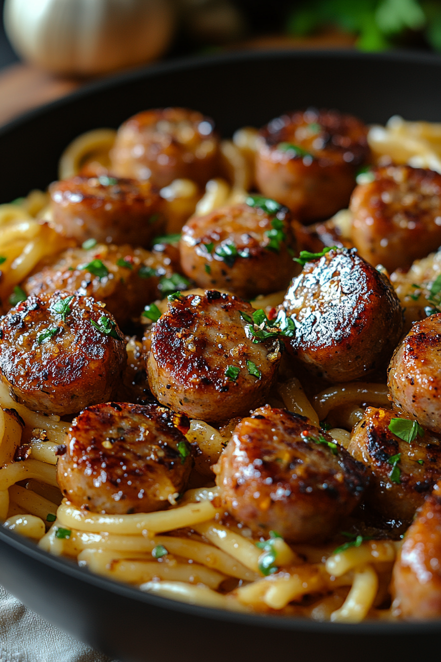 Sticky Honey Garlic Sausage Pasta Skillet