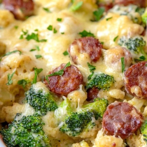 Keto Broccoli and Cauliflower Au Gratin With Sausage