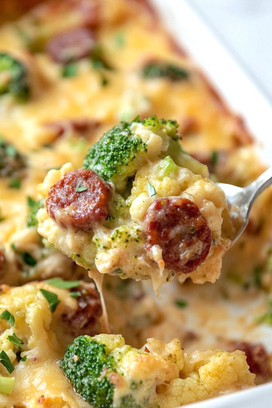 Keto Broccoli and Cauliflower Au Gratin With Sausage