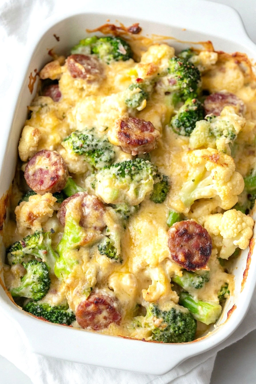 Keto Broccoli and Cauliflower Au Gratin With Sausage