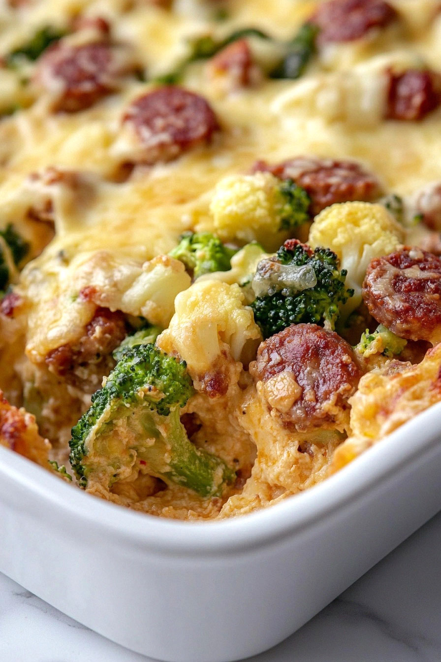 Keto Broccoli and Cauliflower Au Gratin With Sausage