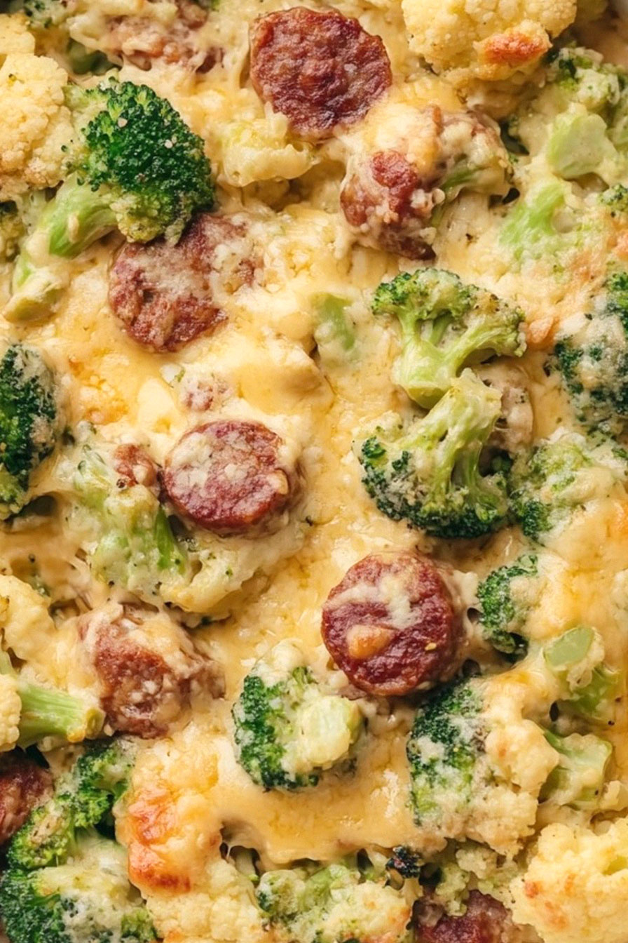 Keto Broccoli and Cauliflower Au Gratin With Sausage