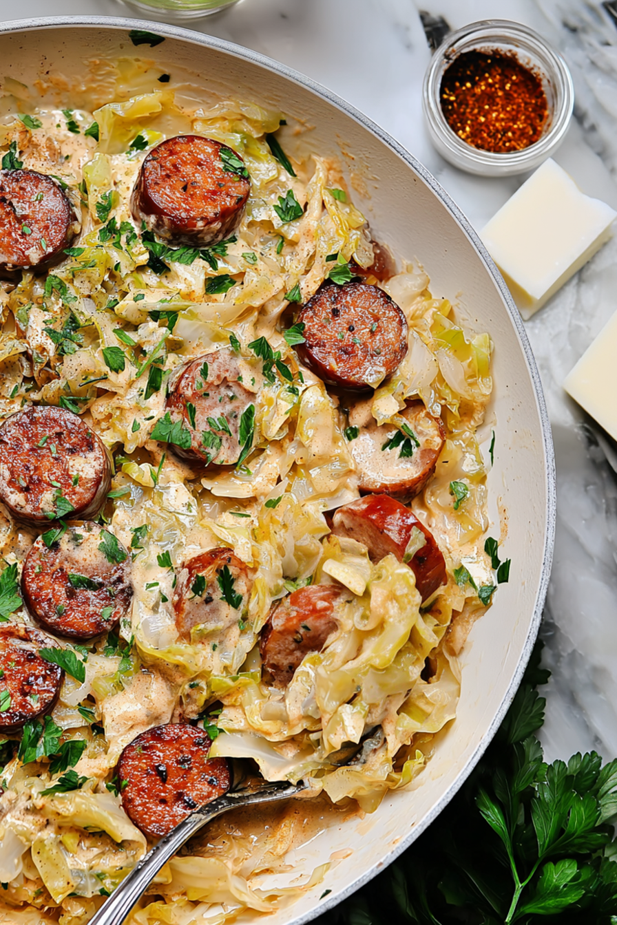 Keto TikTok Cajun Sausage Cabbage Alfredo